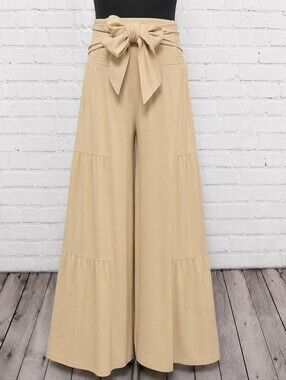 Wide Leg Tie-Waist Pants in Beige